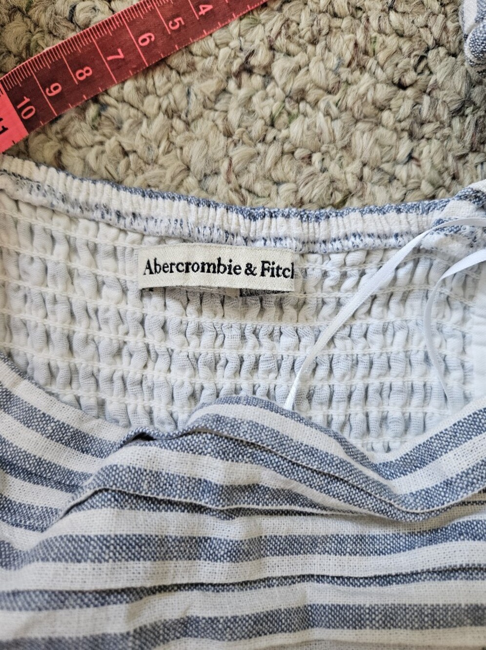 Abercrombie & Fitch Blue Stripe Puff Sleeve Midi Dress Cottagecore Smocked XS - Picture 8 of 10